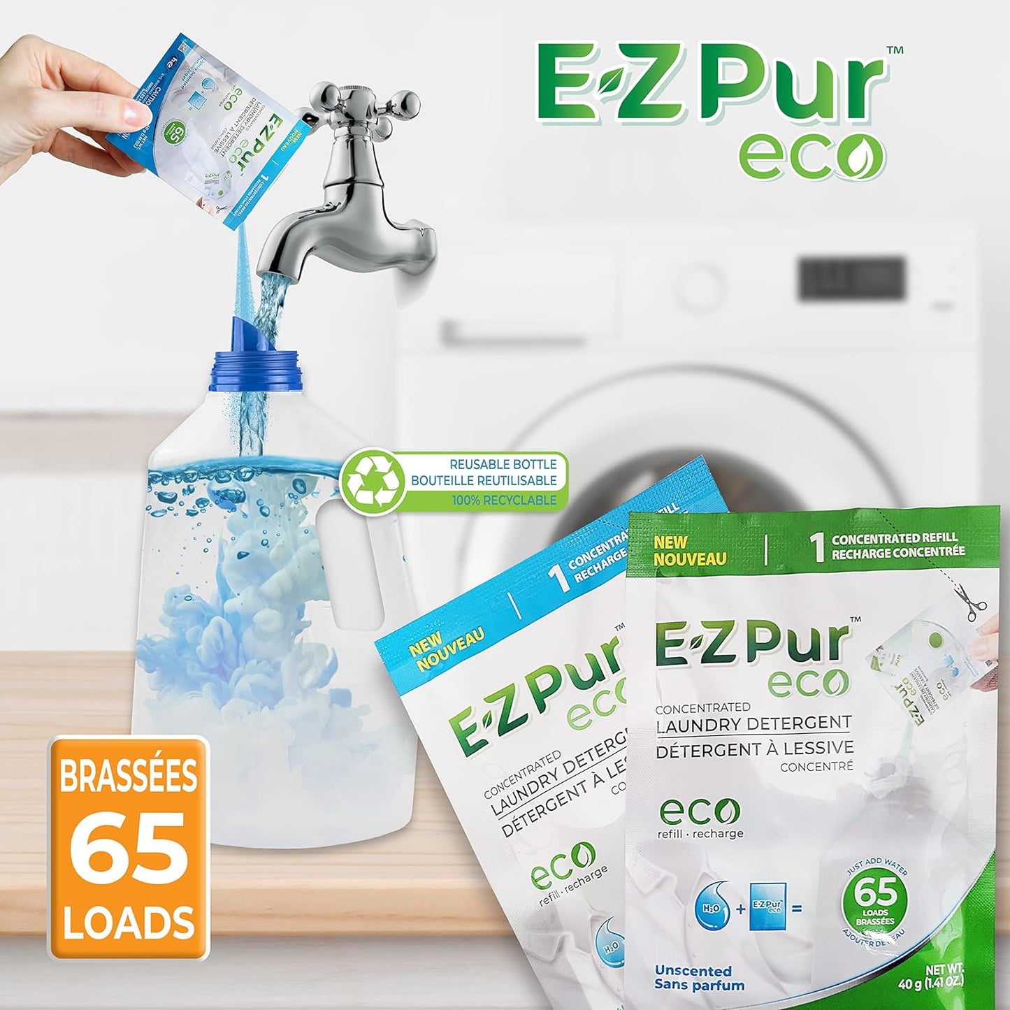 65 Loads - EZ Pur Eco Laundry Detergent Refill (Unscented)